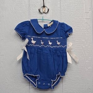 NWT Size 12/18 Months Girls Marie Nicole Blue Bubble Romper W/ Goose Embroidery